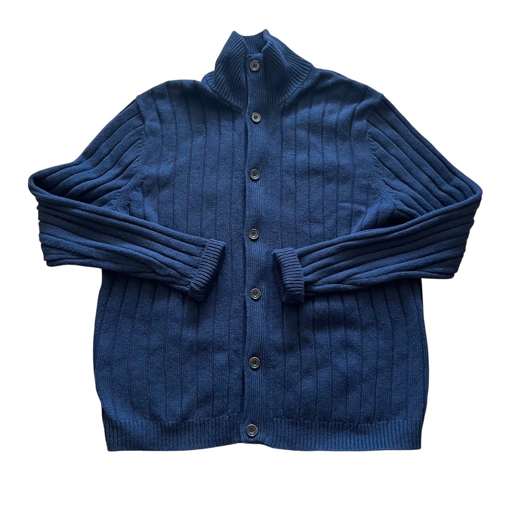 Gap Mens Navy Blue Ribbed Full Zip Button Front Cardigan Sweater Large Mock Neck